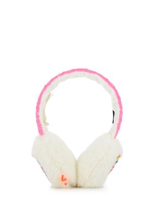 Cache-oreilles blancs et moelleux avec un serre-tête rose orné de perles et de petits détails orange et multicolores sur les protections d’oreilles.