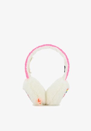 Cache-oreilles blancs et moelleux avec un serre-tête rose orné de perles et de petits détails orange et multicolores sur les protections d’oreilles.