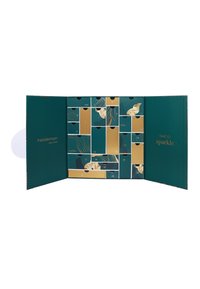 Green and gold advent calendar with 24 numbered drawers, featuring leaf patterns and the phrase "TIME TO sparkle." Cardboard material.