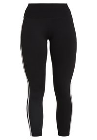 Musta leggingit, joissa on korkea vyötärö, valmistettu joustavasta materiaalista. Ulkosivuilla valkoiset sivusuunnat. Sileä pinta.