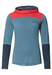 Sweat à capuche manches longues avec corps bleu, manches inférieures bleu foncé et poitrine et capuche rouges, avec un petit logo Vaude noir sur la poitrine.