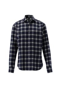 Camicia a quadri blu navy con motivo a check bianco e grigio, maniche lunghe, colletto con bottoni e chiusura frontale con bottoni. Tessuto morbido.