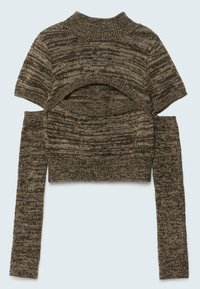 Maglione corto in maglia con maniche corte e scollatura nella parte posteriore. Presenta un motivo texturizzato marrone e beige con polsini a costine.