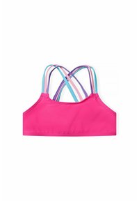 Reggiseno sportivo rosa brillante con spalline incrociate multicolori (azzurro chiaro, viola e rosa). Texture liscia, design cropped, senza imbottitura.