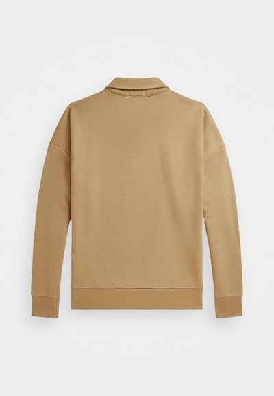 Beige katoenen sweatshirt met een kraag, brede mouwen en geribbelde manchetten. Glad textuur, eenvoudig ontwerp en een rechte zoom.