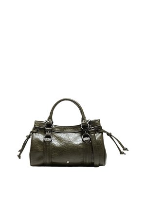 Dunkelgrüne, strukturierte Lederhandtasche mit doppelten Griffen, seitlichen Kordelzugdetails und Metallringbefestigungen auf weißem Hintergrund.