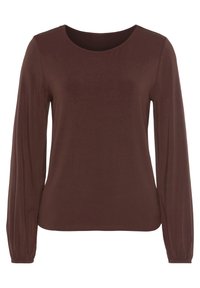 Langärmliges, rundhalsiges braunes Oberteil aus weicher Stoffqualität mit enganliegenden Ärmeln und gerafften Details an den Manschetten. Glatte Textur und schlichtes Design.
