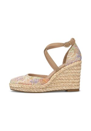 Espadrillas con zeppa in juta intrecciata, punta in tessuto floreale e cinturino beige alla caviglia con fibbia.