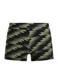 Bañador corto de patrón en negro y verde oliva con un diseño geométrico, que presenta una forma ajustada y cintura elástica. Tela ligera.