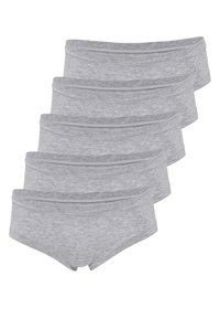 Grå bomuldsunderbukser med en glat tekstur, der har et simpelt design og en syet talje, arrangeret i en stak på fem.