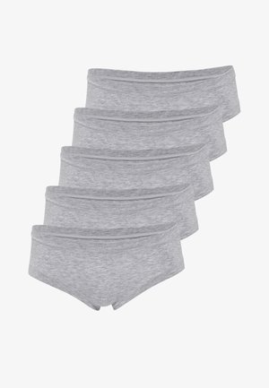 Grå bomuldsunderbukser med en glat tekstur, der har et simpelt design og en syet talje, arrangeret i en stak på fem.