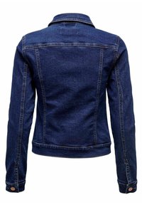 Mörkblå denimjacka med en figurnära design, framträdande sömmar, knappmanschetter och en ryggsömsdetalj. Slät textur med klassisk skärning.