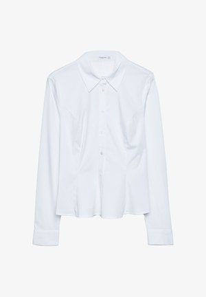 Camicia bianca a maniche lunghe con collo classico, chiusura frontale con bottoni e una sottile dettagli di pince sul corpetto. Tessuto morbido e vestibilità curata.