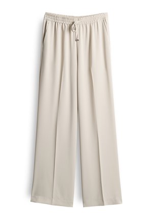 Beige weit geschnittene Hose aus einem glatten, leichten Stoff. Mit einem elastischen Bund und Kordelzug sowie seitlichen Taschen.