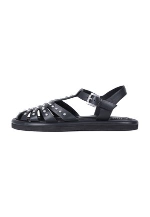 Schwarze Leder-Sandalen mit offenem Design, die mit Nieten verziert sind und über einen verstellbaren Knöchelriemen für einen sicheren Sitz verfügen. Gummisohle.