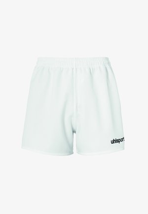 Shorts de sport blancs en tissu léger. Dotés d'une taille élastique et d'un logo "uhlsport" noir sur le côté gauche.