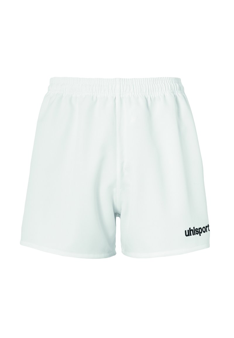 Pantalones cortos deportivos blancos hechos de una tela ligera. Presentan una cintura elástica y el logo en negro "uhlsport" en el lado izquierdo.