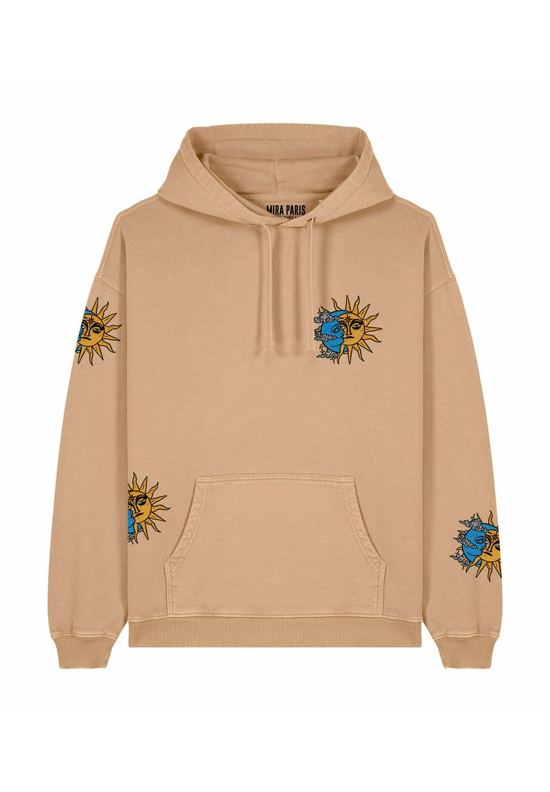 Beige hoodie i bomull med en framficka, prydd med blå och gula sol- och mångrafik på ärmarna och bröstet. Justerbar huva.