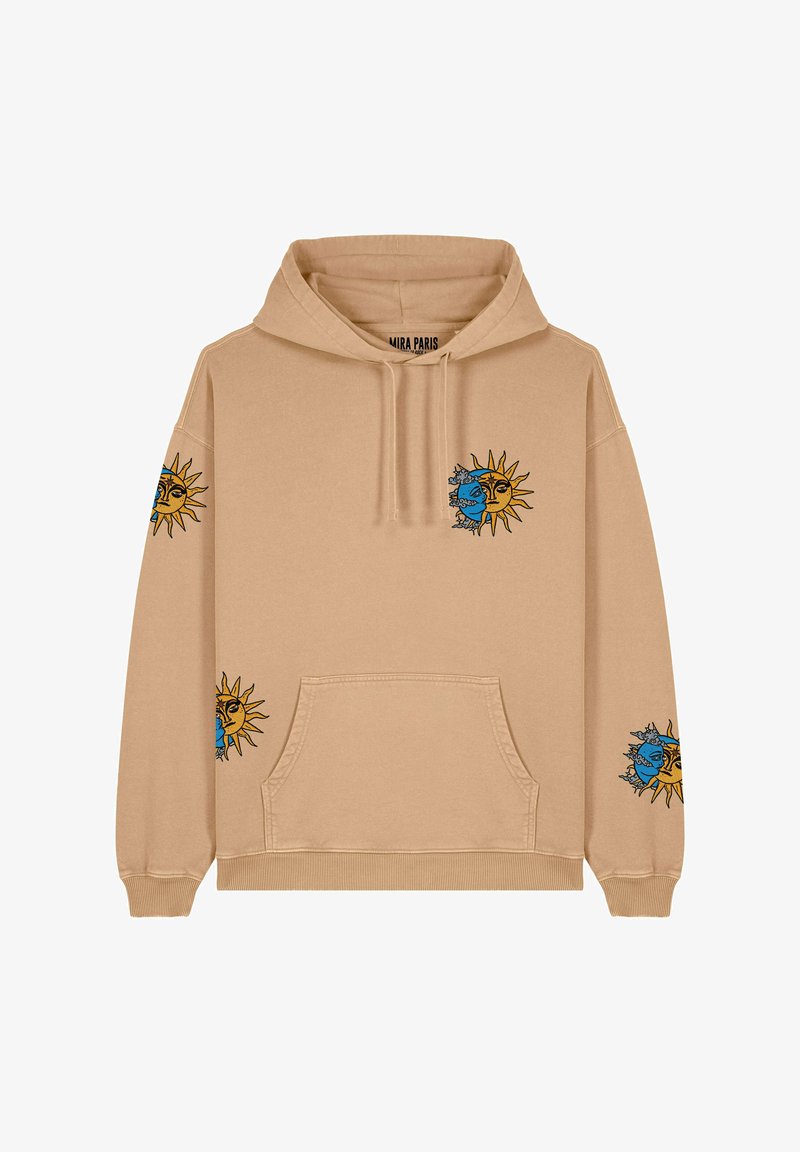 Beige hoodie i bomull med en framficka, prydd med blå och gula sol- och mångrafik på ärmarna och bröstet. Justerbar huva.