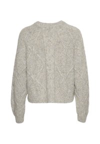 Cremfarbener Pullover mit einem verkürzten Design, der strukturierte Zopfstrickmuster, einen runden Halsausschnitt und gerippte Bündchen aufweist.