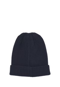 Berretto lavorato a maglia di colore blu navy scuro. Presenta una texture a coste, bordo ripiegato e parte superiore arrotondata. Leggero, realizzato con materiale morbido.