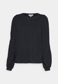 Schwarzes langärmeliges Shirt aus weichem Stoff, mit rundem Halsausschnitt, gerafften Ärmeln und lockerer Passform. Keine sichtbaren Muster oder Akzente.