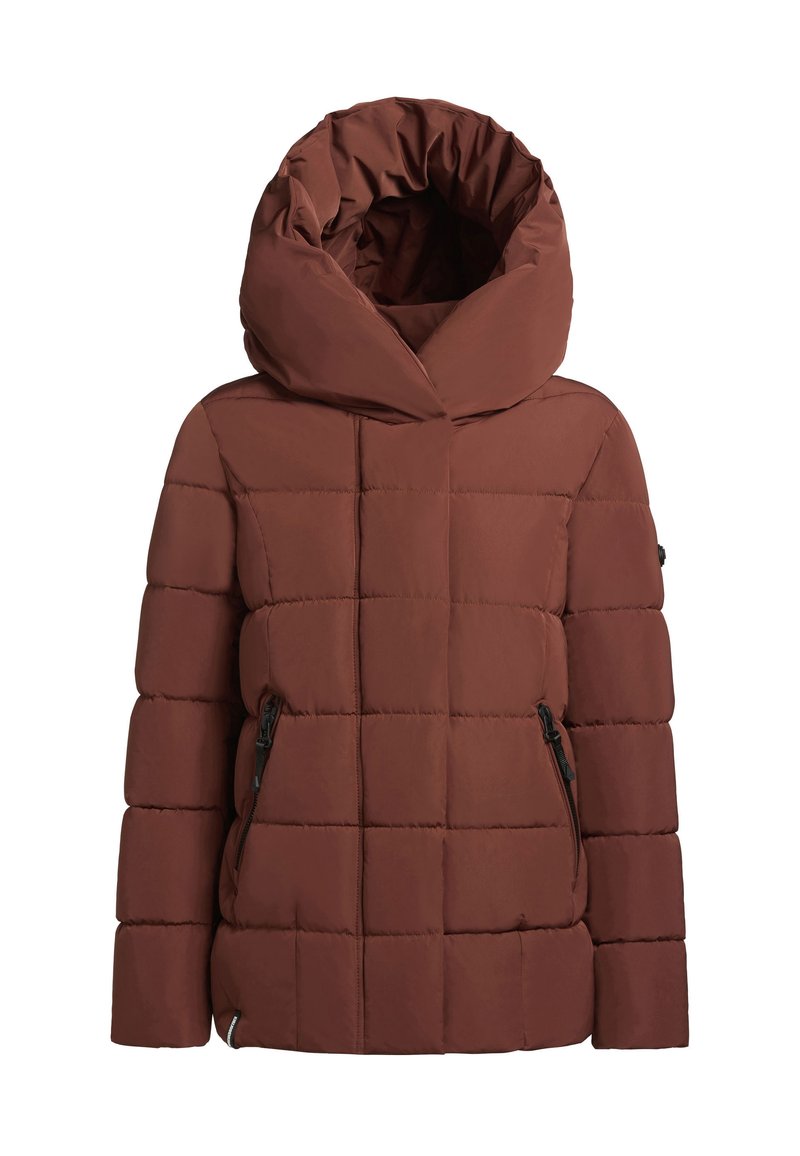 Doudoune matelassée marron avec capuche surdimensionnée et poches zippées à l'avant, présentée sur un fond blanc.