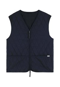 Vest matlasat de culoare bleumarin, cu decupaj în formă de V, închidere cu fermoar pe față și două buzunare inferioare. Prezintă un exterior neted, cu textură.