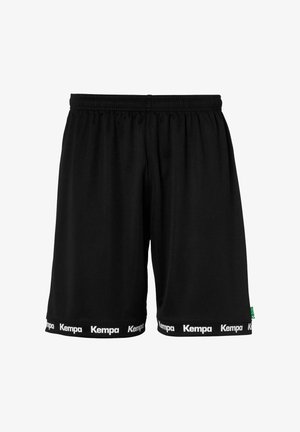 Sorte atletiske shorts lavet af blød stof, med en elastisk talje og hvidt "Kempa" logo på kanten. Simpelt design i knælængde.