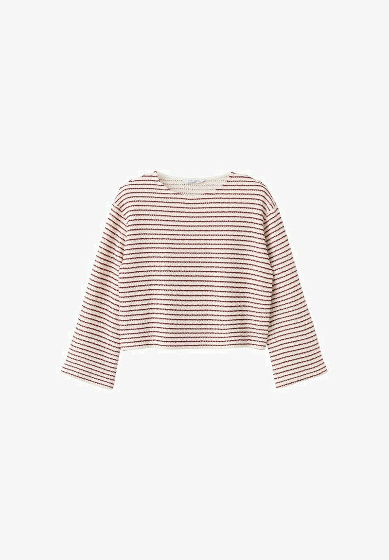 Gebreide trui met lange mouwen en een korte pasvorm, met smalle horizontale rode en witte strepen en een ronde hals.