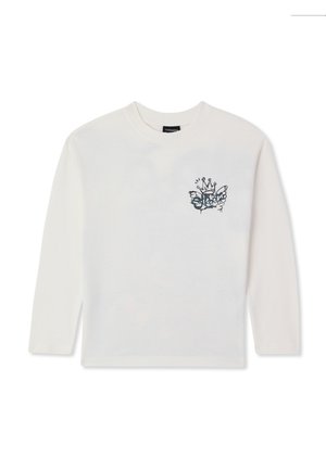 Maglietta bianca a maniche lunghe con collo a girocolo, decorata con testo in stile graffiti nero e un design di corona sul lato sinistro del petto.