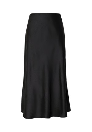 Zwarte satijnen rok met een uitlopende silhouet, gladde textuur, middellange ontwerp en geen zichtbare hardware of patronen.