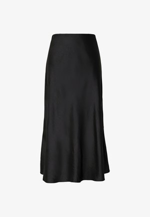 Zwarte satijnen rok met een uitlopende silhouet, gladde textuur, middellange ontwerp en geen zichtbare hardware of patronen.