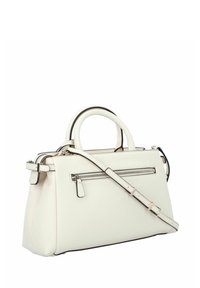 Borsa a mano in pelle bianca con doppi manici, tracolla removibile, tasca zip frontale e bordi in contrasto neri.