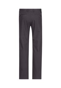 Dunkelgraue Hose mit geradem Bein, zwei Gesäßtaschen mit Knopfverschluss und einem glatten, strukturierten Stoff.