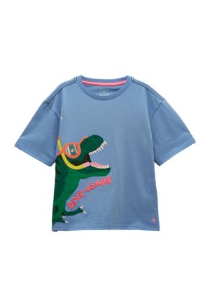 Hellblaues Kinder-T-Shirt mit einem grünen Dinosaurier, der orangefarbene Schutzbrille trägt, und dem Text "DIVE-O-SAUR" auf der Vorderseite.