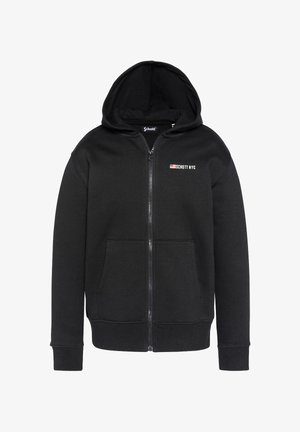 Felpa con zip nera realizzata in tessuto morbido, dotata di tasca frontale, polsini a costine e il logo "Schott NYC" sul petto con un piccolo design a bandiera.