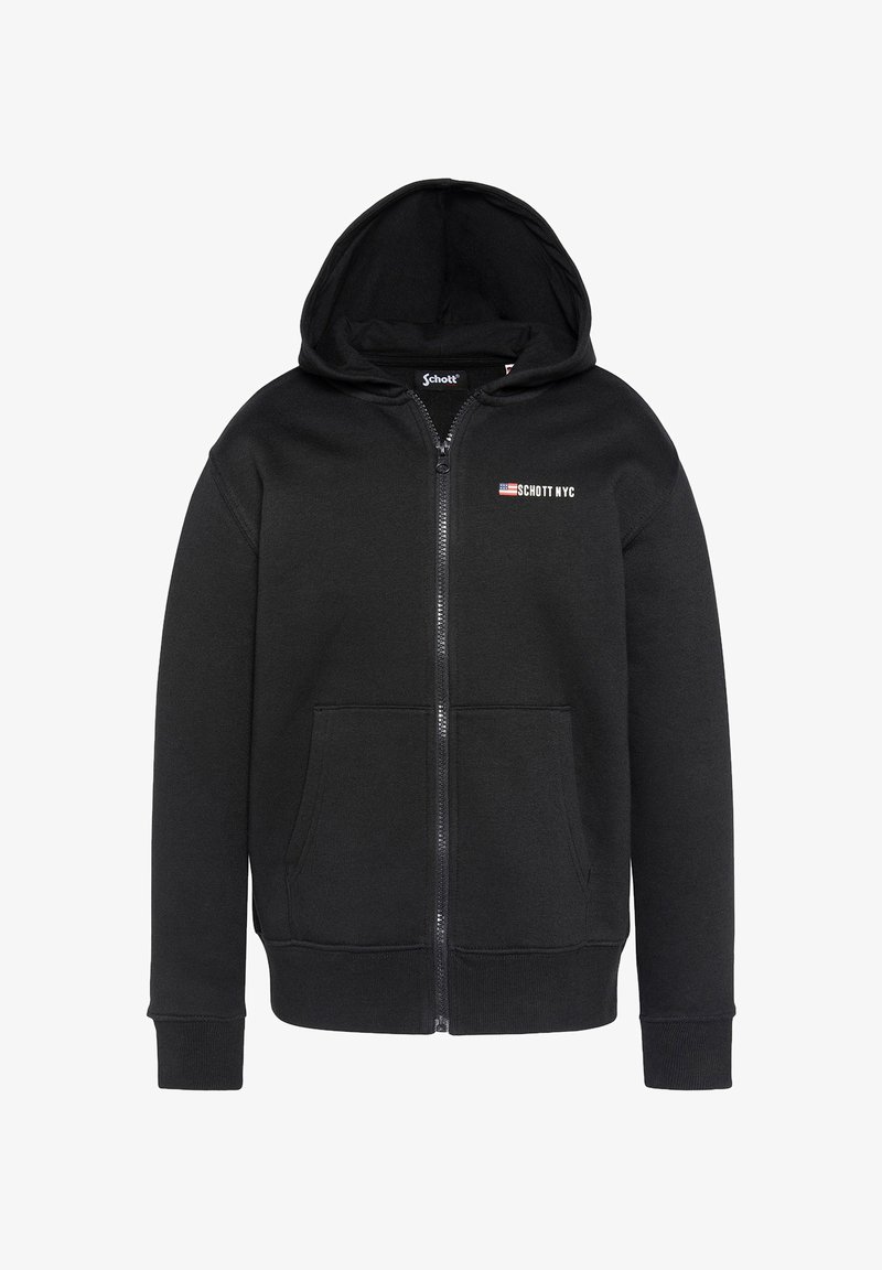 Felpa con zip nera realizzata in tessuto morbido, dotata di tasca frontale, polsini a costine e il logo "Schott NYC" sul petto con un piccolo design a bandiera.