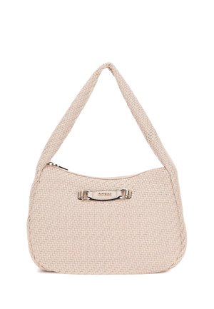 Gewebe Handtasche in Beige mit geschwungener Form, ausgestattet mit einem runden Tragegurt und metallischem Zubehör mit einem Logo. Glatte Textur mit detaillierter Naht.