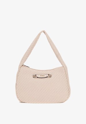 Woven beige handbag with a curved shape, featuring a rounded strap and metallic hardware with a logo. Smooth texture with detailed stitching.