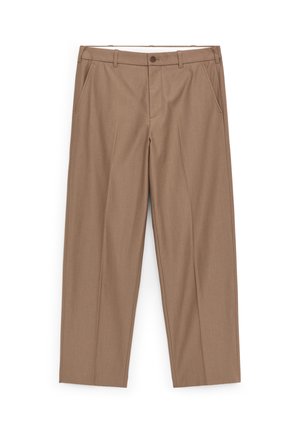 Pantalon habillé beige pour hommes, coupe droite, avec passants pour ceinture, bouton à l'avant, braguette zippée et poches latérales, présenté à plat sur un fond blanc.
