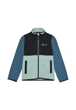 Fleecejacke mit einem schwarzen oberen Abschnitt und einem türkisfarbenen unteren Bereich. Verfügt über einen Reißverschluss, zwei Fronttaschen und einen Stehkragen.