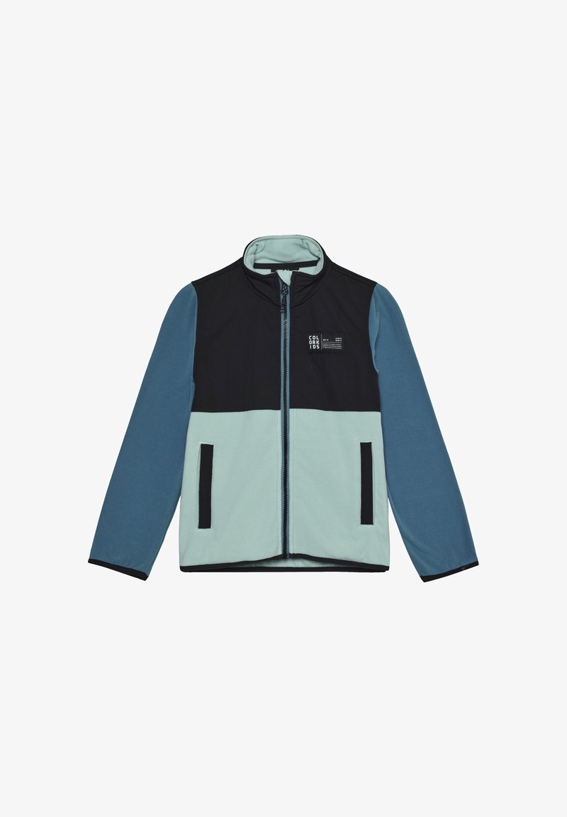 Veste en polaire avec une partie supérieure noire et une partie inférieure bleu sarcelle. Elle possède une fermeture éclair, deux poches avant et un col montant.