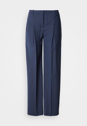 Pantalon de tailleur bleu marine avec plis, passants de ceinture et fermeture éclair à l'avant, présenté sur fond blanc.