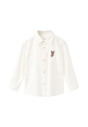 Camisă albă cu mâneci lungi și guler, având un mic design brodat cu ren pe pieptul stâng, cu închidere cu butoane și țesătură fină.