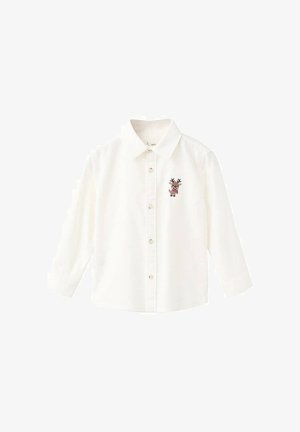 Bílá košile s dlouhými rukávy a límečkem, která se vyznačuje malým vyšívaným designem soba na levé straně hrudi, s knoflíkovým zapínáním a hladkým materiálem.