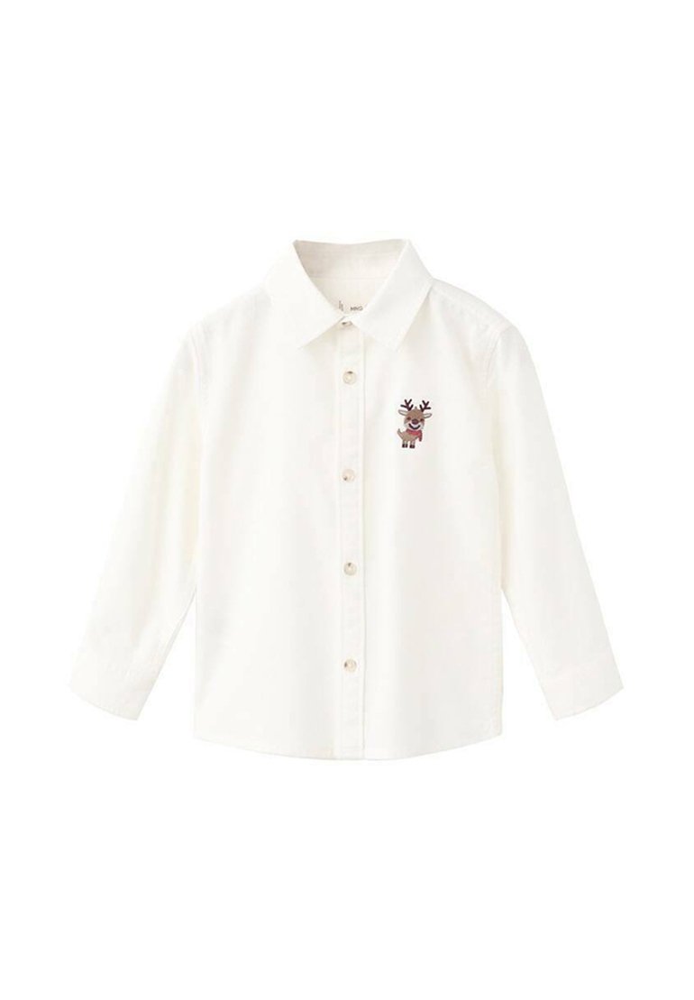 Bílá košile s dlouhými rukávy a límečkem, která se vyznačuje malým vyšívaným designem soba na levé straně hrudi, s knoflíkovým zapínáním a hladkým materiálem.