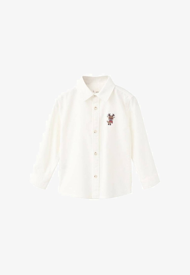 Camisă albă cu mâneci lungi și guler, având un mic design brodat cu ren pe pieptul stâng, cu închidere cu butoane și țesătură fină.