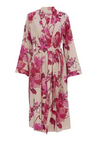 Beige Kimono mit großen rosa und roten Blumen, langen Ärmeln, einem Gürtel in der Taille und einem Schalkragen. Leichter Stoff, lässige Passform.