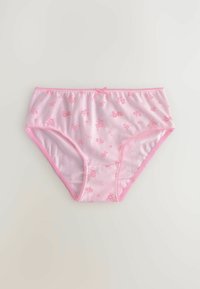 Culottes en coton rose avec impression florale, dotées d'une taille douce, d'un contour rose et d'un petit nœud au centre à l'avant.